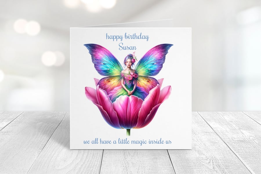 Personalised Rainbow Fairy Birthday Card. Design 6