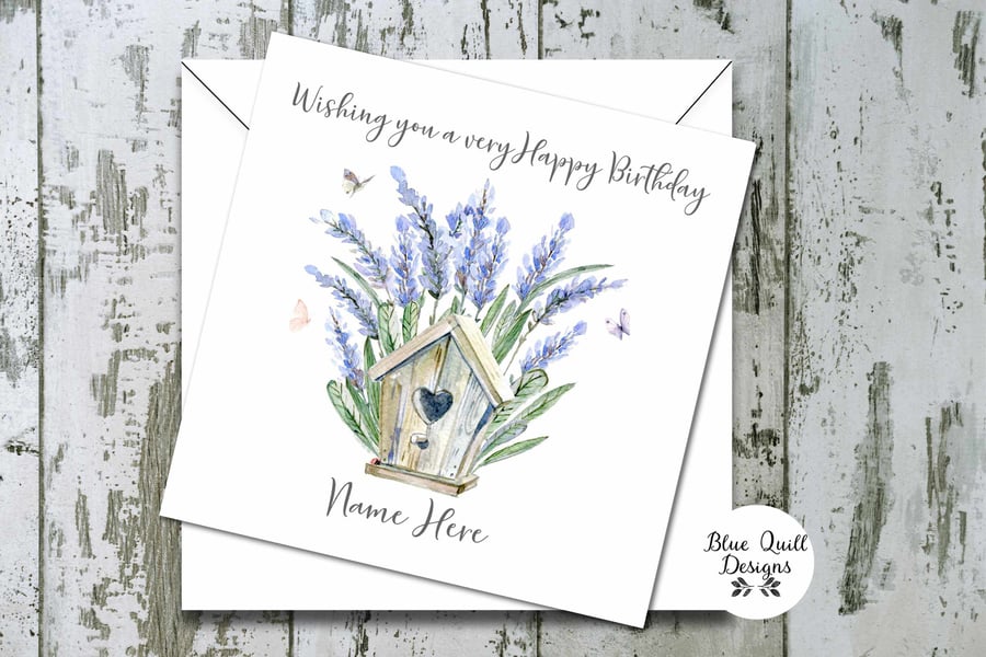 Lavender Bird House Watercolour Print Personalised Birthday Card