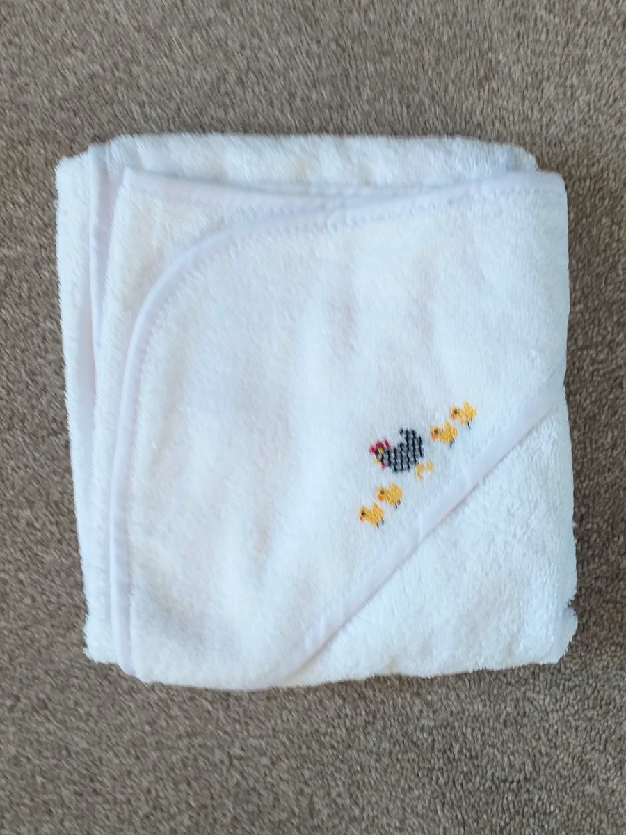 Hen & Chicks baby towel, hand embroidered
