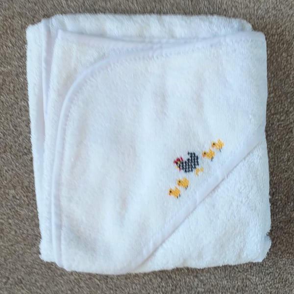 Hen & Chicks baby towel, hand embroidered