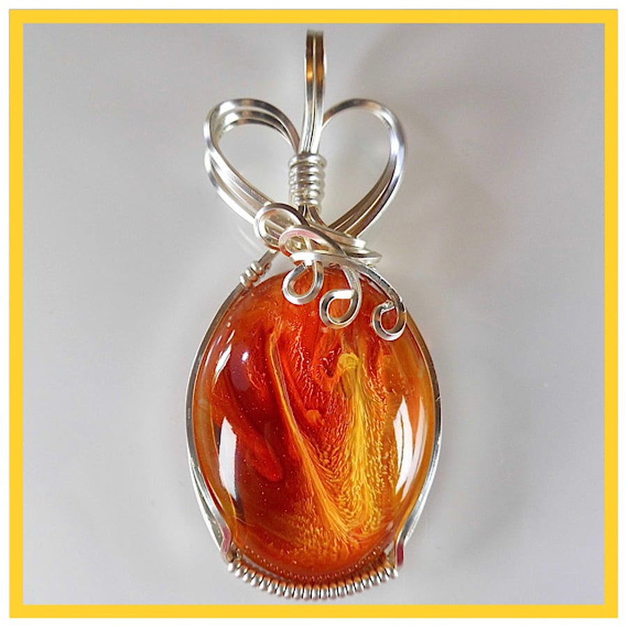 Oval Fire Pendant, Wire Wrapped Pendant, Resin Jewelry, Unique, Hand Made WP101