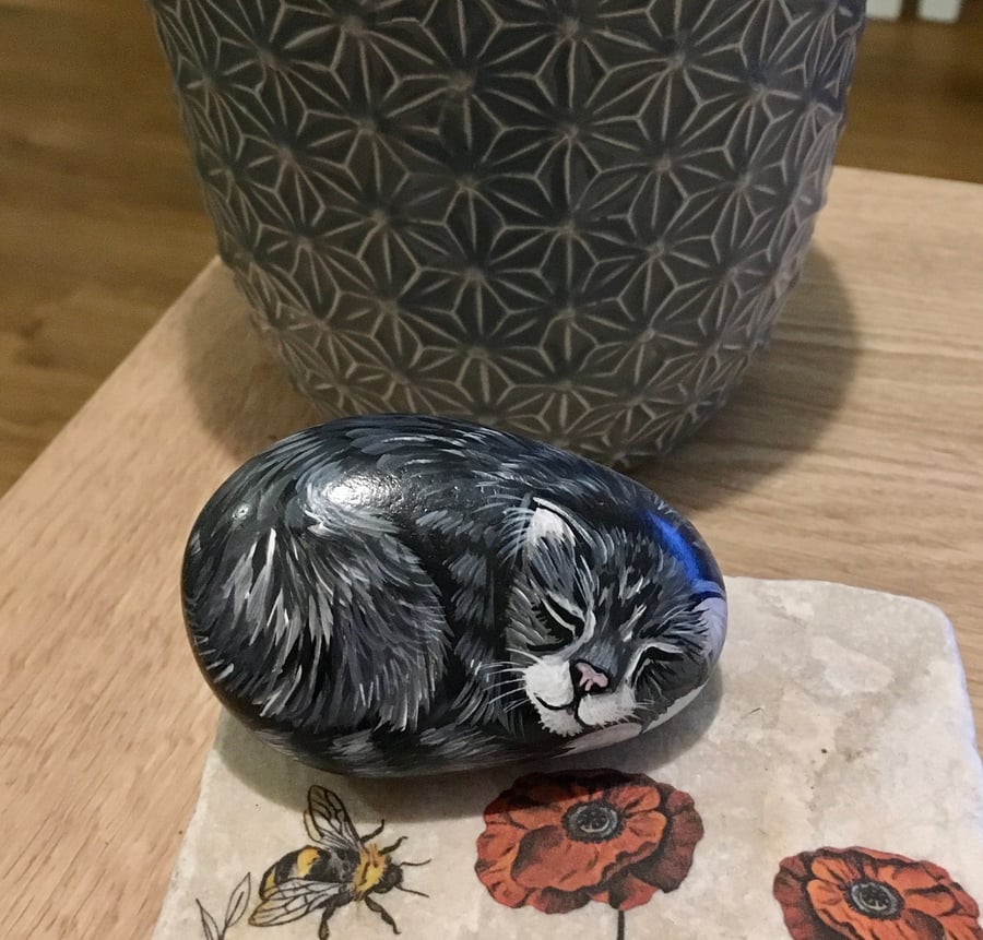 Cat sleeping hand painted pebble garden rock art pet stone portrait 