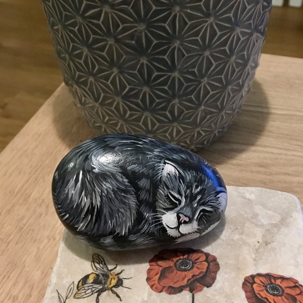 Cat sleeping hand painted pebble garden rock art pet stone portrait 