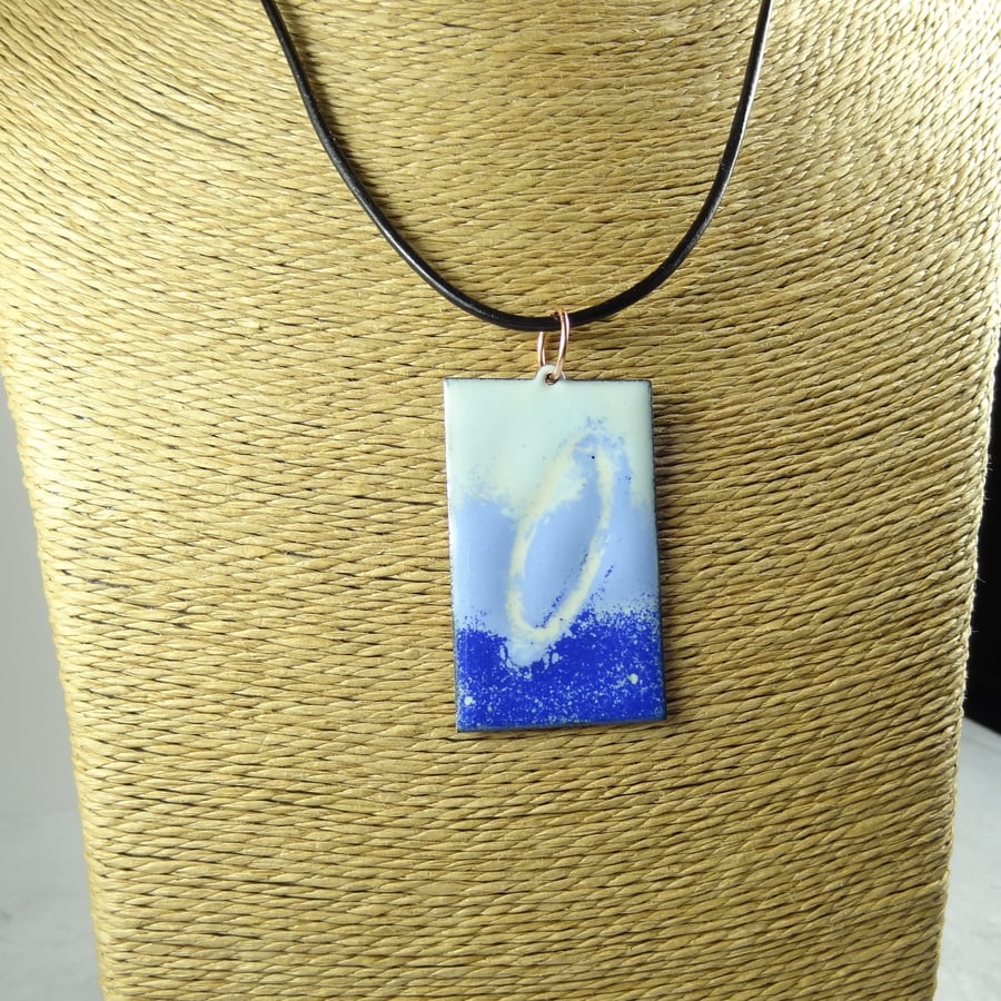 Ivory and blue glass enamelled copper pendant, leather cord, 47x29mm (0116)