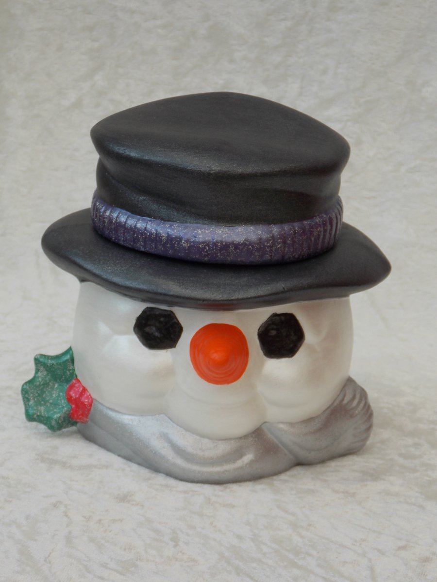 Hand Painted Ceramic White Snowman Head Christmas Cookie Candy Jar Container.