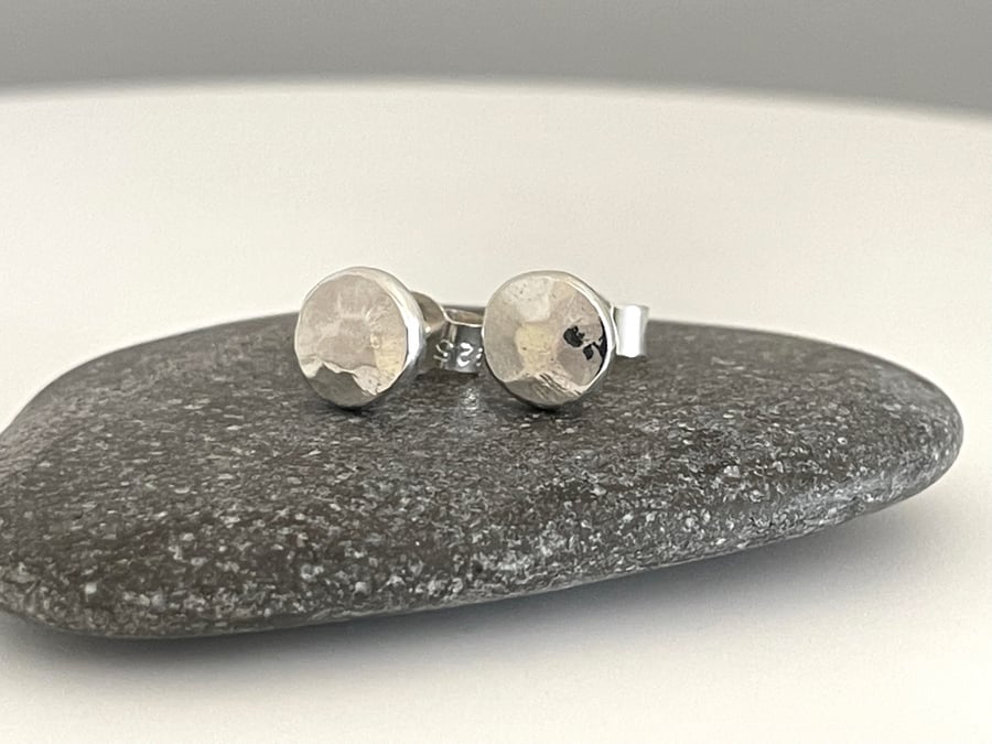 Sterling Silver Recycled Chunky Pebble Ear Stud Earrings 6mm Hammered