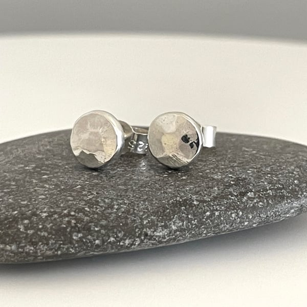 Sterling Silver Recycled Chunky Pebble Ear Stud Earrings 6mm Hammered