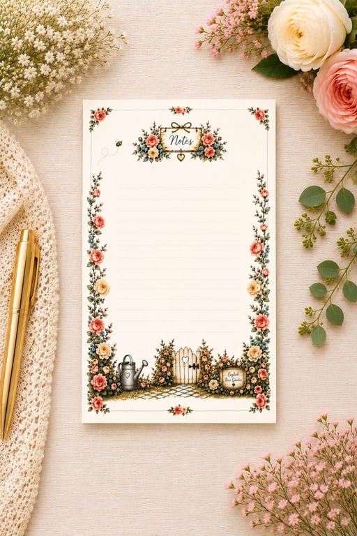 English Rose Garden Floral Notepad - Lined Writing Pad - Shopping List Pad