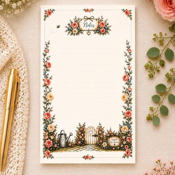 English Rose Garden Handmade Notepad - Floral Writing Pad - 50 Tear-Off Pages