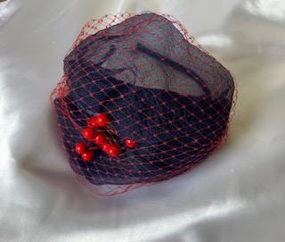 Navy Blue & Red Berry Fascinator Hat with Netting