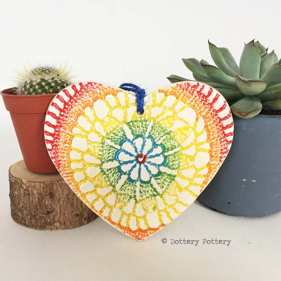 Ceramic heart hanging decoration Pottery Heart Tie Dye Festival Bright Colours