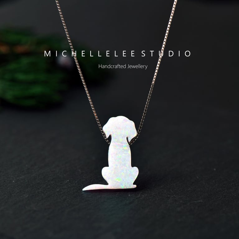 White Opal Labrador Dog Necklace With 925 Sterling Silver Chain