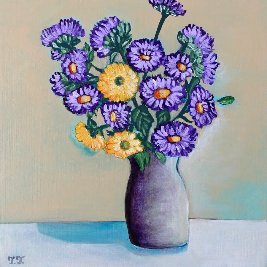 Purple Chrysanthemum Still Life Painting, Wall Decor Original Floral Art