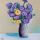 Purple Chrysanthemum Still Life Painting, Wall Decor Original Floral Art