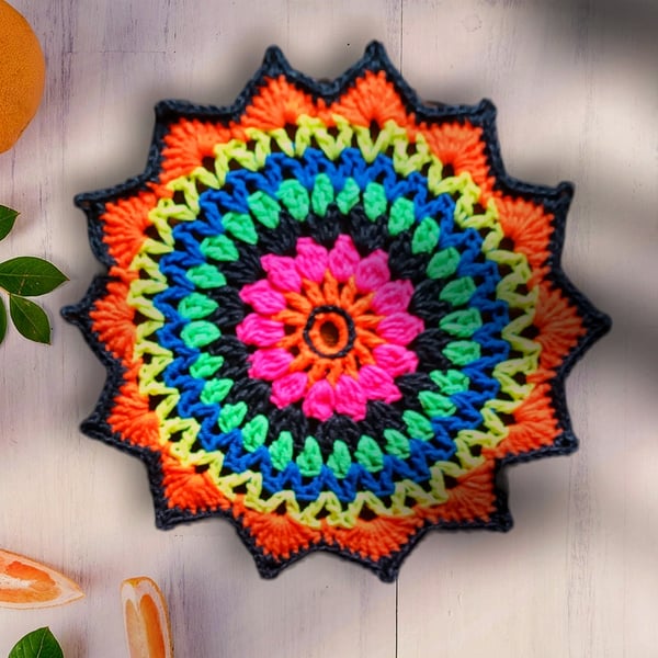 ultra bright, neon, crochet doily, mandala table mat