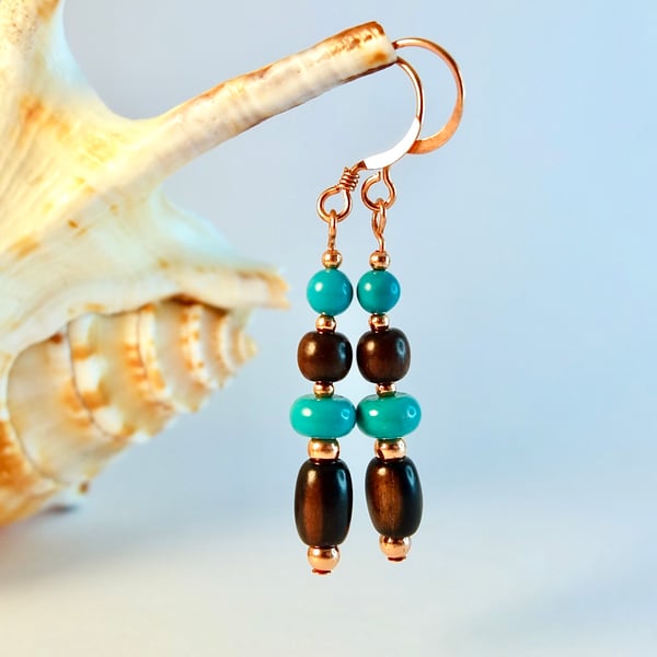 Turquoise & Tiger Ebony Earrings - December Birthday, Anniversary, Gifts For Her