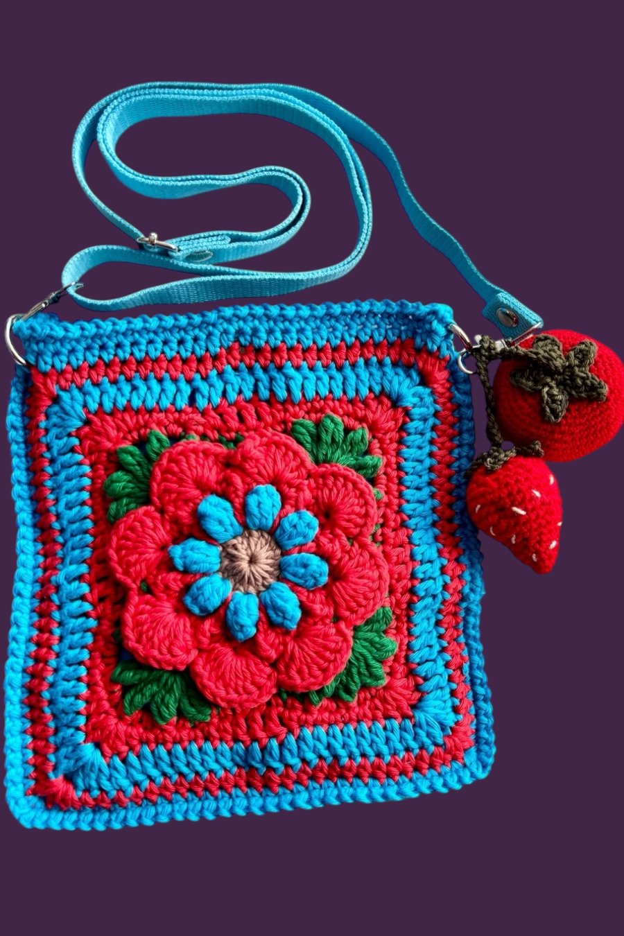 Handmade Floral Crochet Crossbody Bag with Strawberry & Tomato Charms