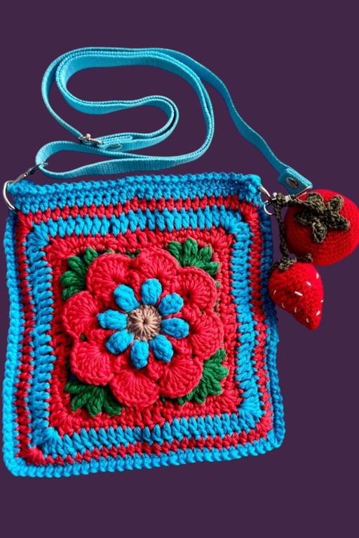 Handmade Floral Crochet Crossbody Bag with Strawberry & Tomato Charms