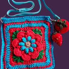 Handmade Floral Crochet Crossbody Bag with Strawberry & Tomato Charms