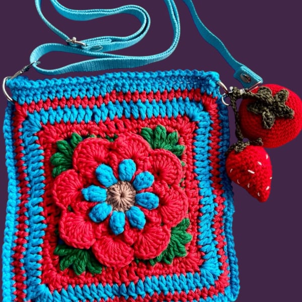 Handmade Floral Crochet Crossbody Bag with Strawberry & Tomato Charms
