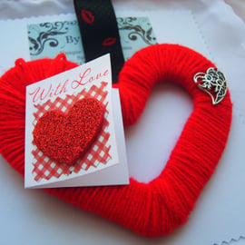 Red Wool Heart Hanging Valentines - Anniversary With Card