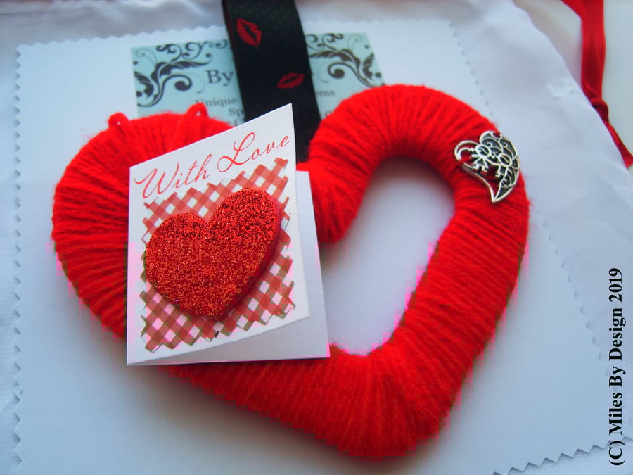 Red Wool Heart Hanging Valentines - Anniversary With Card
