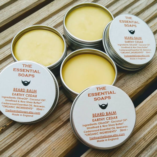 Organic Earthy Cedar Beard Balm, Gift for Men, Natural, Moustache Balm