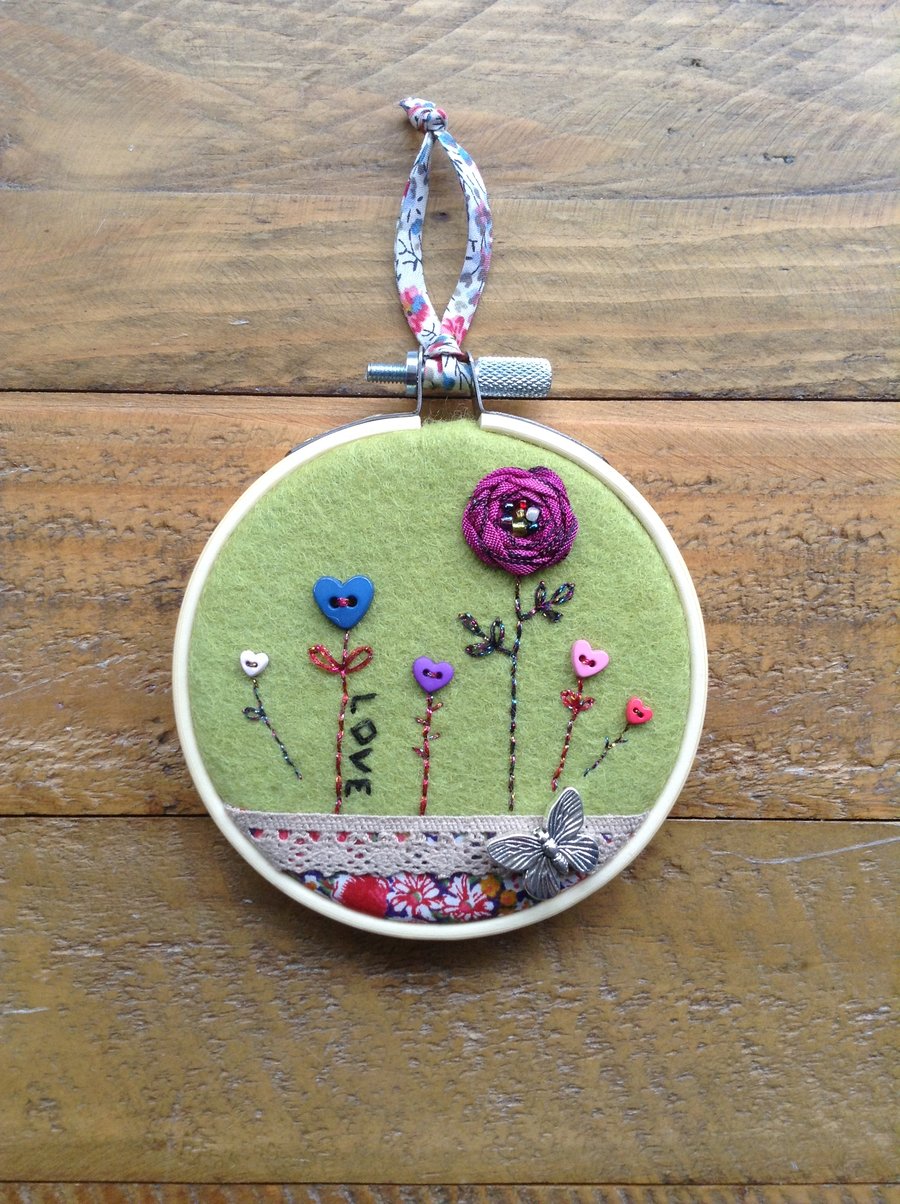 Button meadow embroidery hoop art