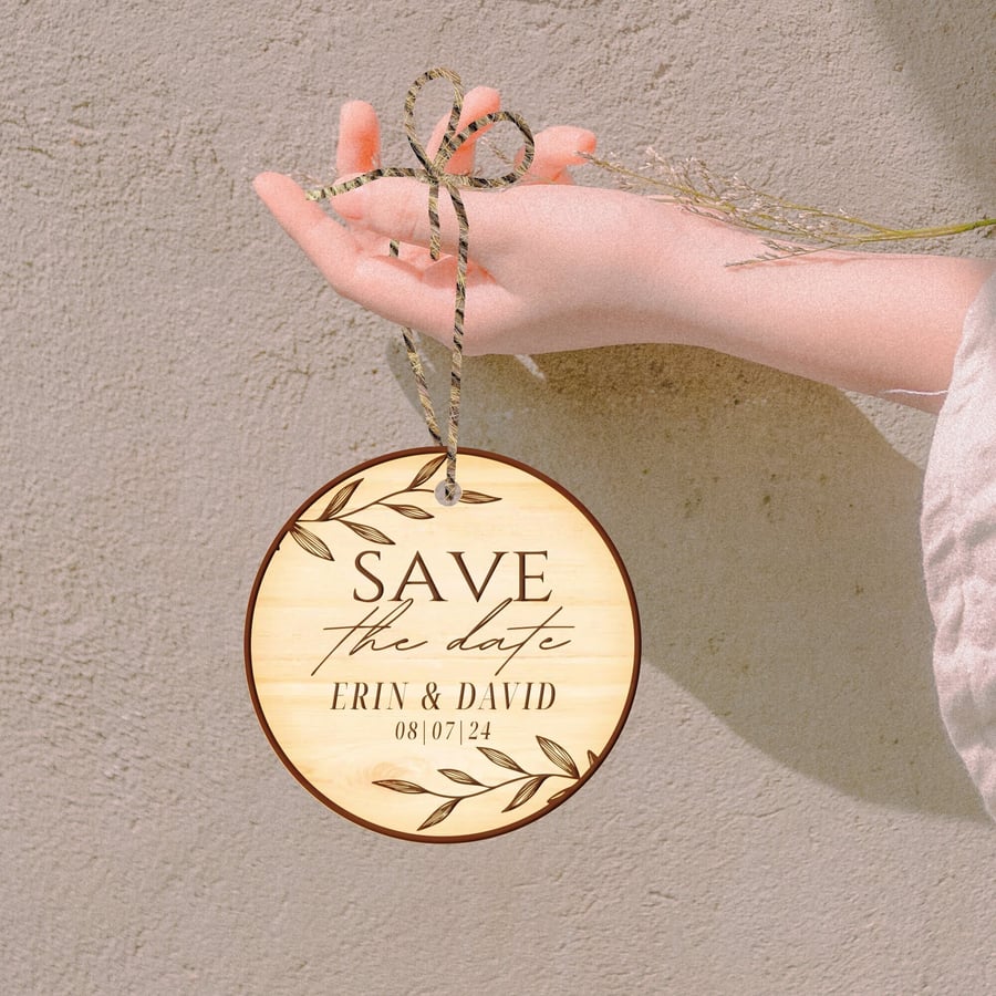 Save The Date  Personalised Wedding Charm Beautiful engraved Wooden Names & Date