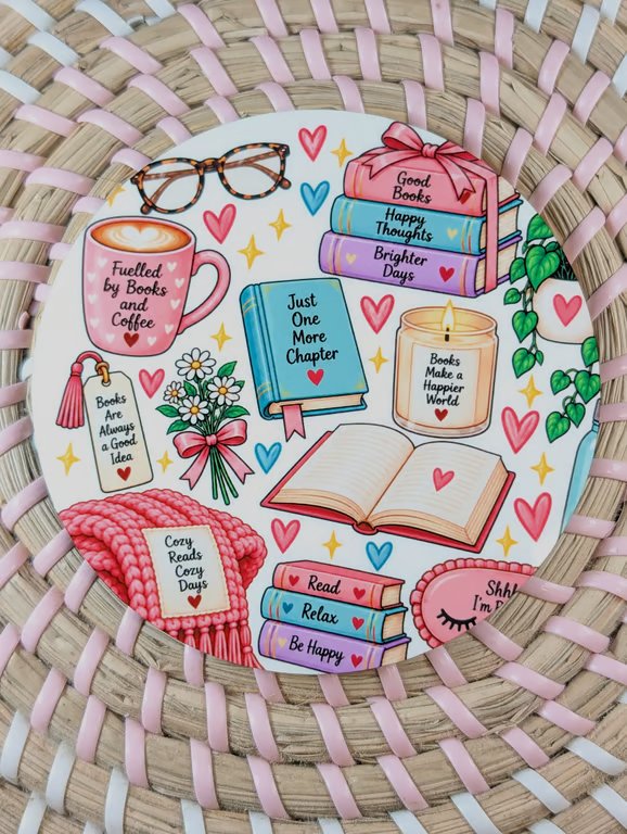 Book lover coaster, cosy vibes reading lover gift, round coaster