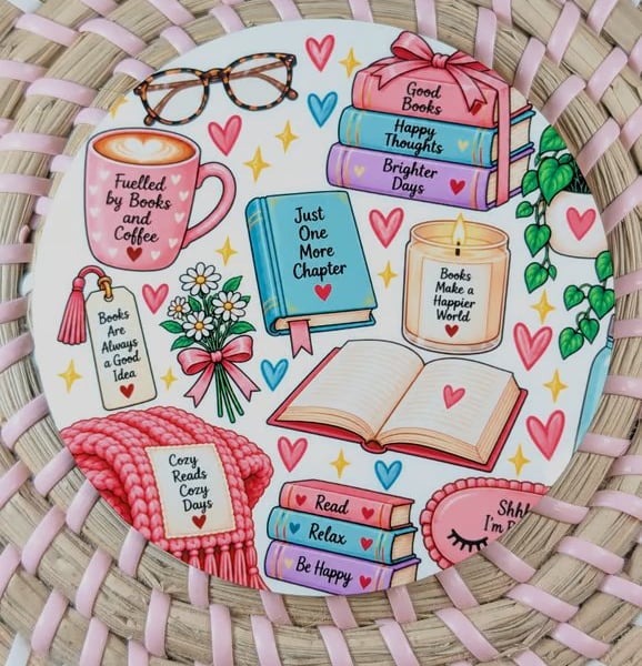 Book lover coaster, cosy vibes reading lover gift, round coaster