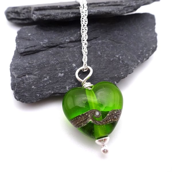 green lampwork glass heart pendant necklace, sterling silver chain