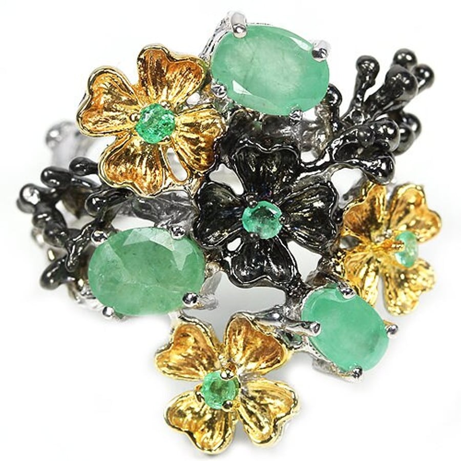 Emerald Romantic Art Nouveau style Floral Foliate Ring