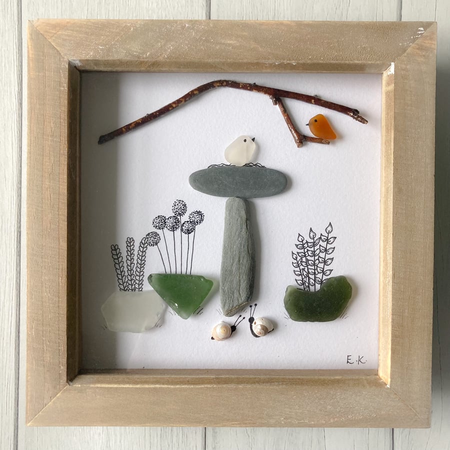 SALE ‘garden life’ art made with pebbles, shells and sea glass from Cornwall 