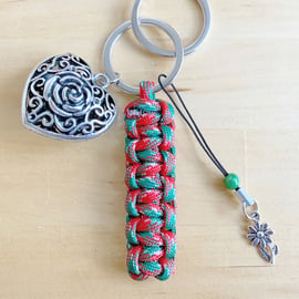 Rose Keyring. Hearts. Paracord Keyring. Handmade In Scotland. Charms. 