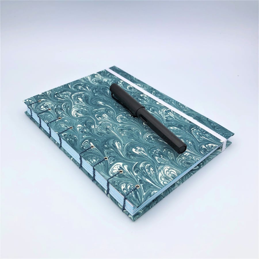 Teal Blue Marble - A5 Notebook - Coptic Stitched