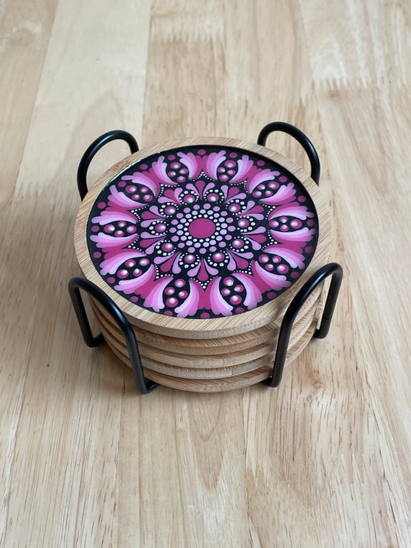 Coaster Set of 5 Pink Mandala Hand Painted Unique With Metal Coaster Holder