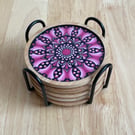 Coaster Set of 5 Pink Mandala Hand Painted Unique With Metal Coaster Holder
