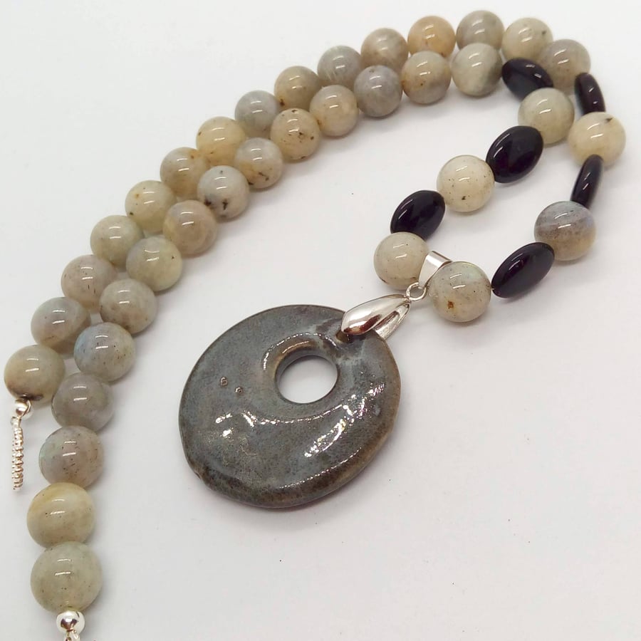 Charcoal Grey Agate Donut Pendant on an Agate Bead Necklace, Gift for Her