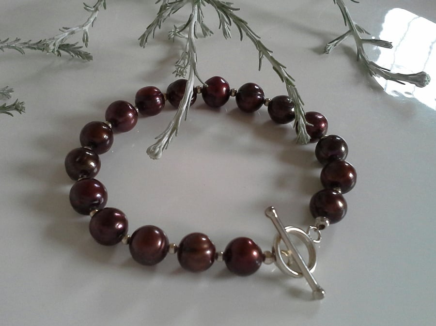 Chocolate Brown Freshwater Pearl Sterling Silver Bracelet