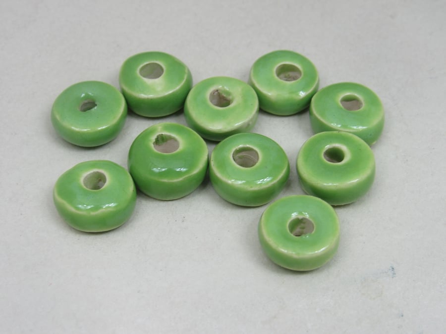 10 Small Apple Green Glazed Ceramic Washer Beads
