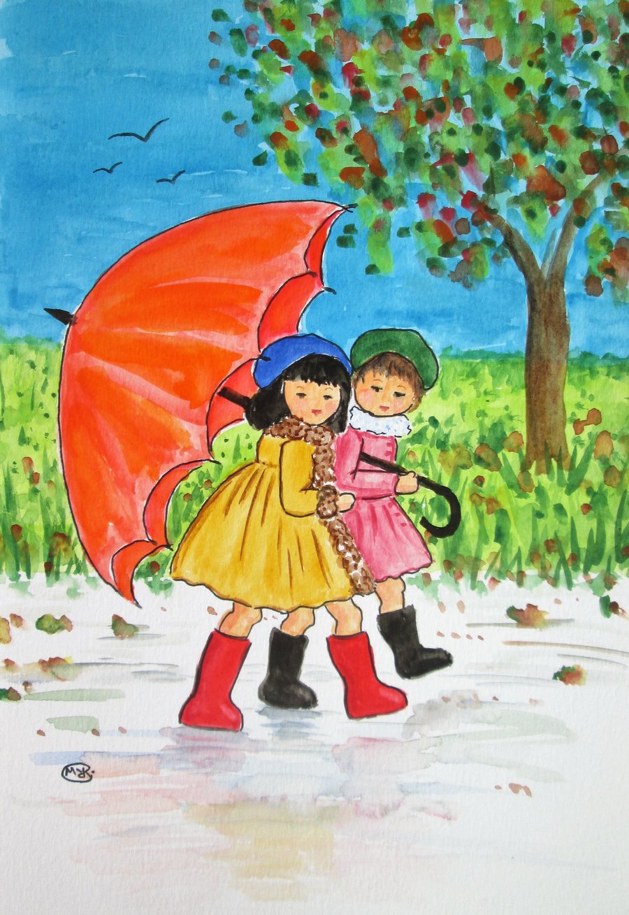 Best Friends and an Umbrella. Painting
