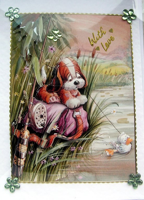 Angling Puppy - Hand Crafted Decoupage Greeting Card - With Love 2797