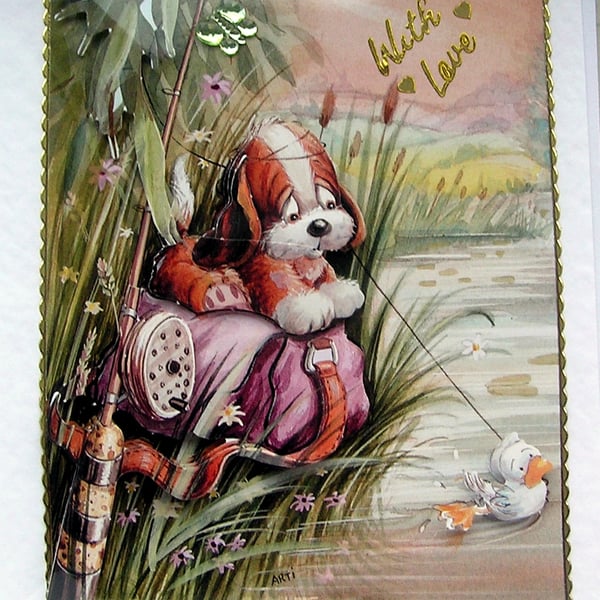 Angling Puppy - Hand Crafted Decoupage Greeting Card - With Love 2797