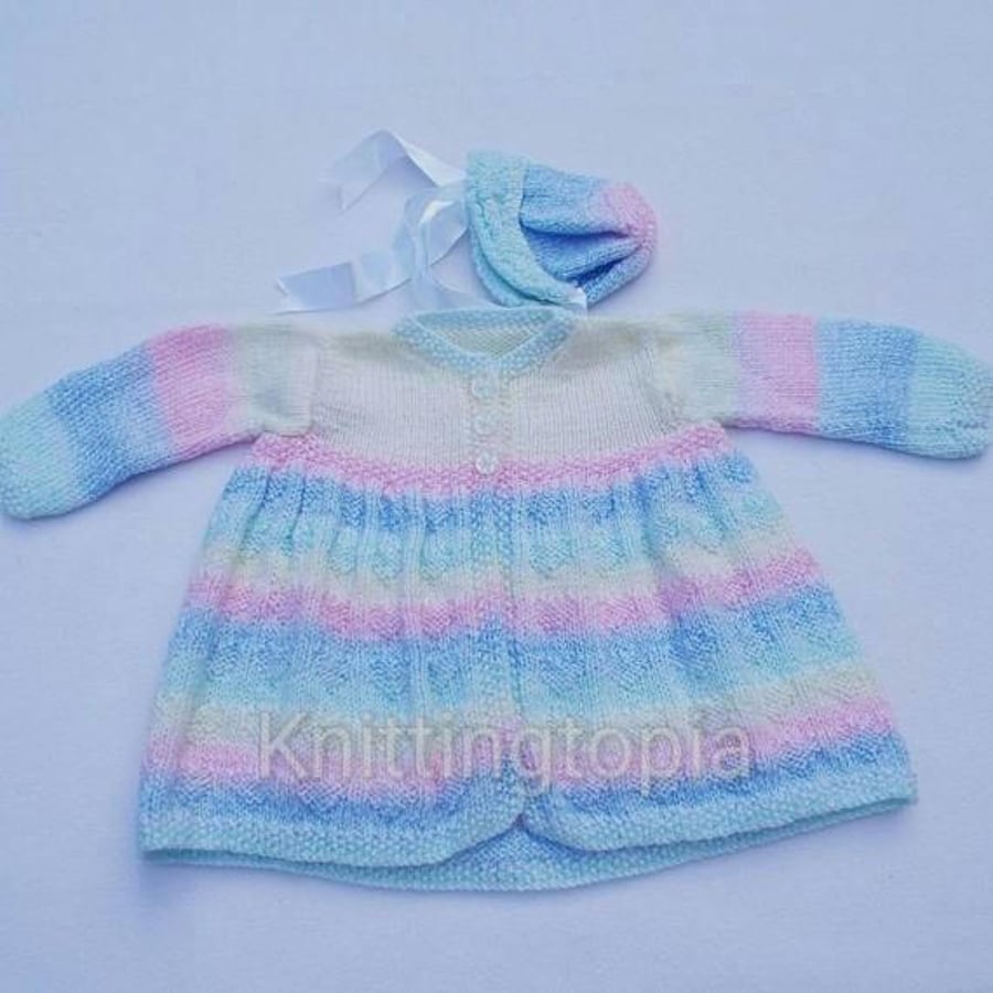 Hand knitted baby cardigan and bonnet - 3-6 months - pastel stripes - hearts 