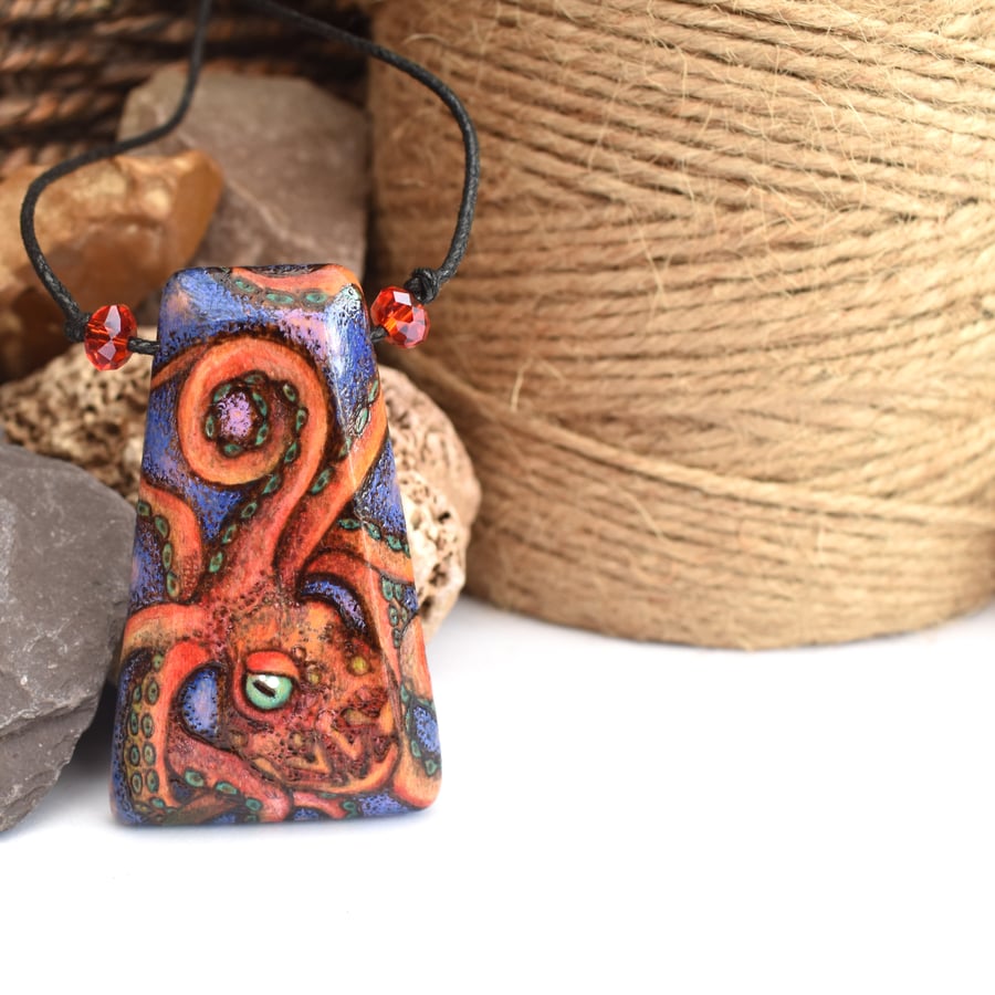 Octopus explorer pyrography pendant. Sea creature necklace. Wood Anniversary.