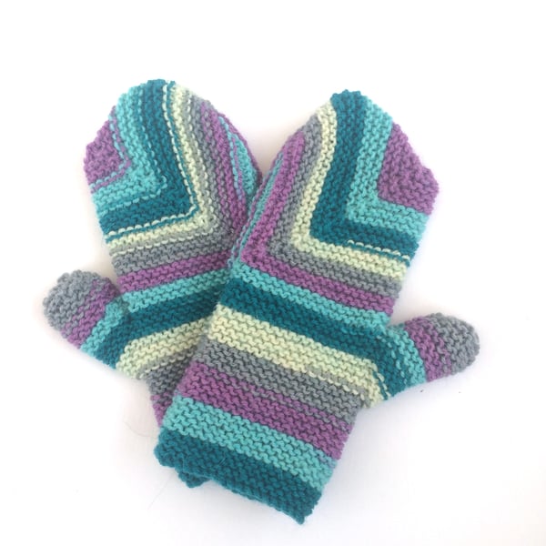 Wool striped mittens - lilac and turquoise