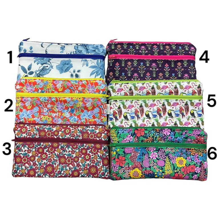 Liberty fabric two zip pocket pouch, double pocket case, 2 pocket zipper floral 