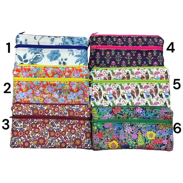Liberty fabric two zip pocket pouch, double pocket case, 2 pocket zipper floral 