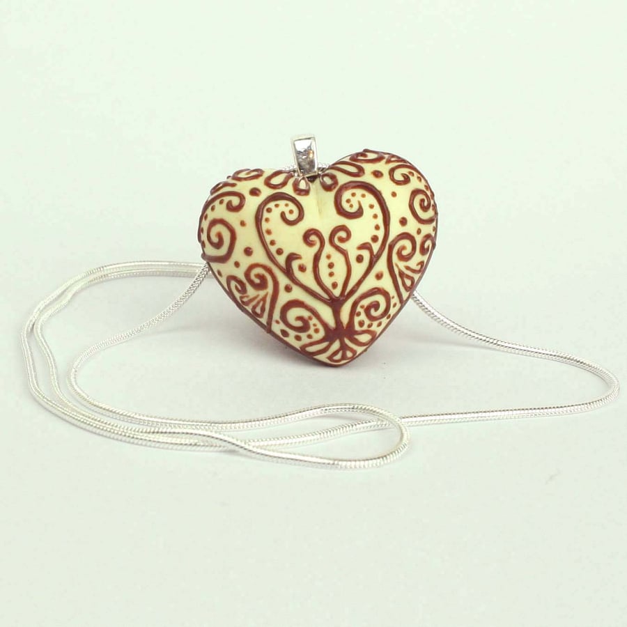 White Faux Chocolate Filigree Heart Necklace